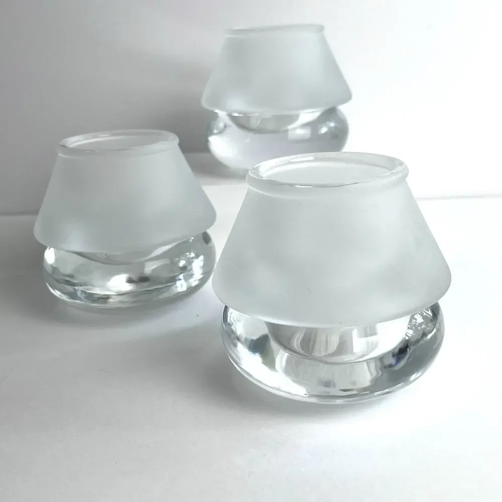 Crate & Barrel Luna Votive Holders Set of 3 Heavy Clear & Frosted Glass Lantern